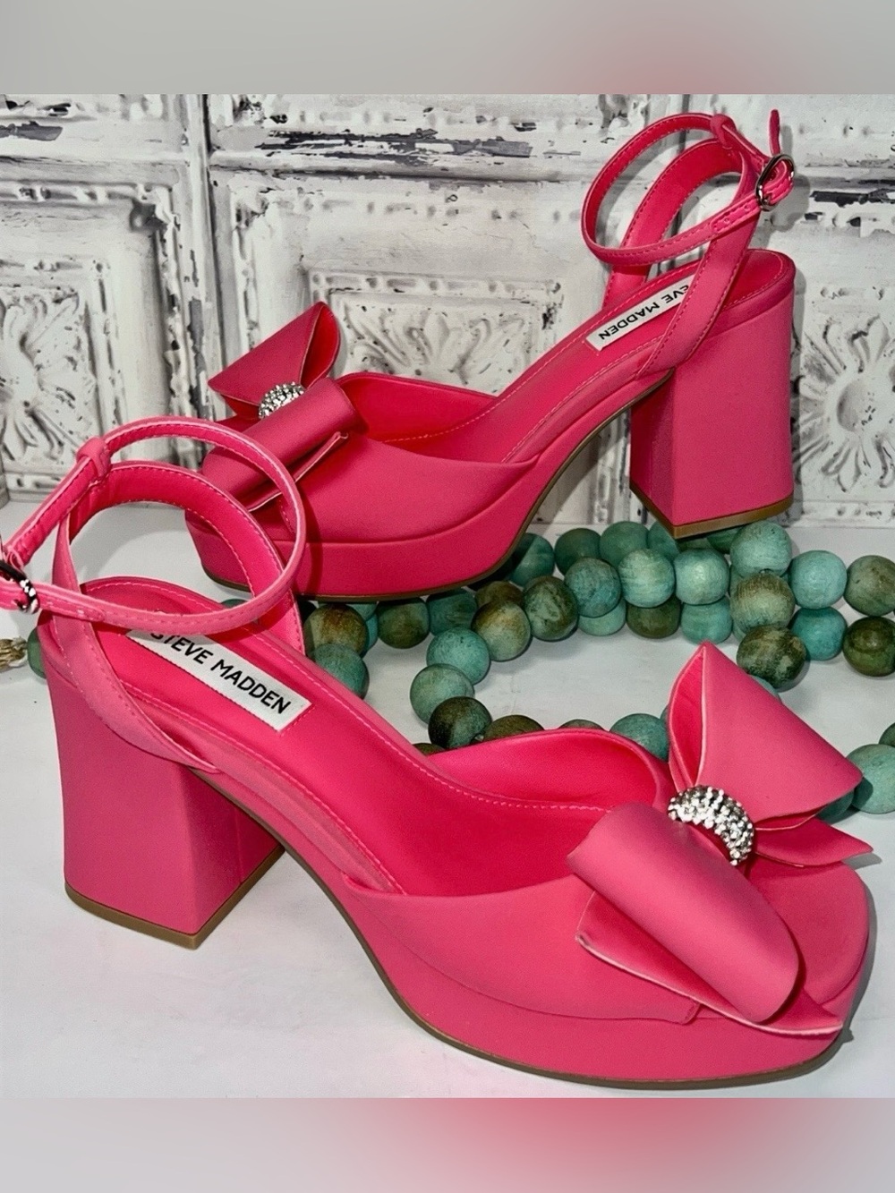 NIB Steve Madden Aerin Satin Platform Heels Rhinestone Bow Pink Sz 8 Barbiecore - Picture 6 of 16